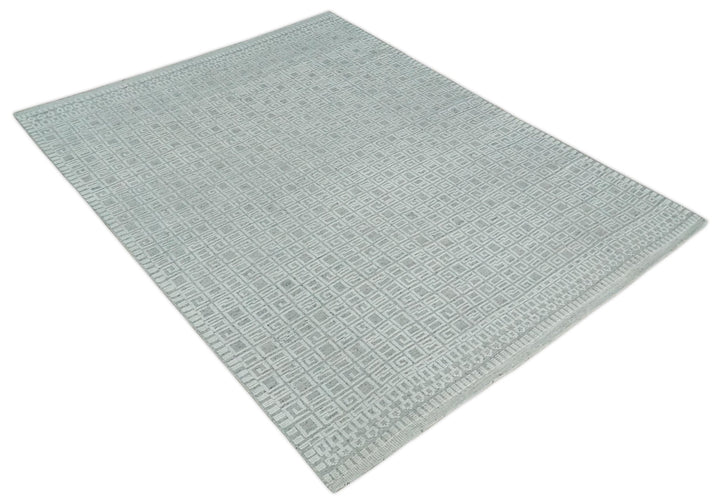 Hand carved Silver and Charcoal Traditional Geometrical Pattern Hand Knotted 8.2x10.6 Wool Area Rug - The Rug Decor