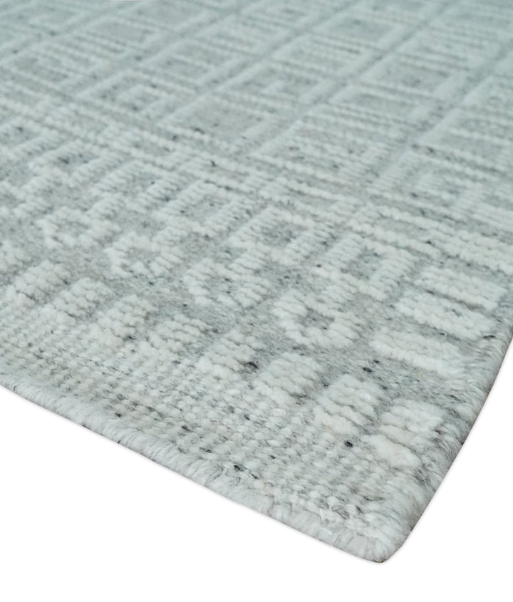 Hand carved Silver and Charcoal Traditional Geometrical Pattern Hand Knotted 8.2x10.6 Wool Area Rug - The Rug Decor