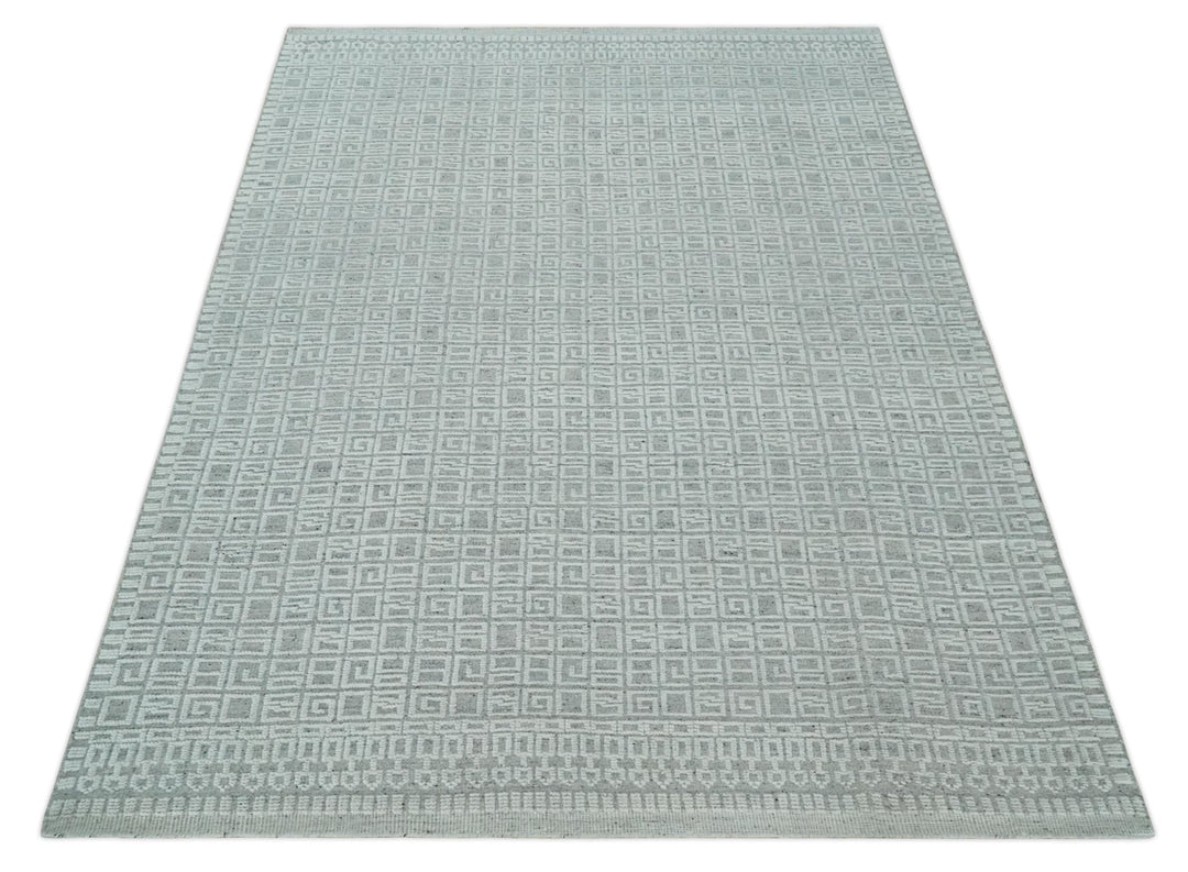 Hand carved Silver and Charcoal Traditional Geometrical Pattern Hand Knotted 8.2x10.6 Wool Area Rug - The Rug Decor