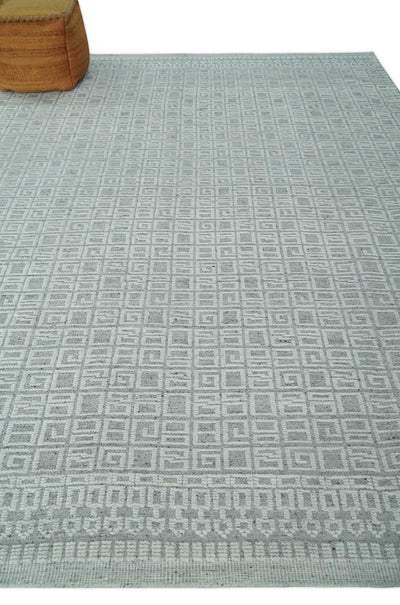 Hand carved Silver and Charcoal Traditional Geometrical Pattern Hand Knotted 8.2x10.6 Wool Area Rug - The Rug Decor
