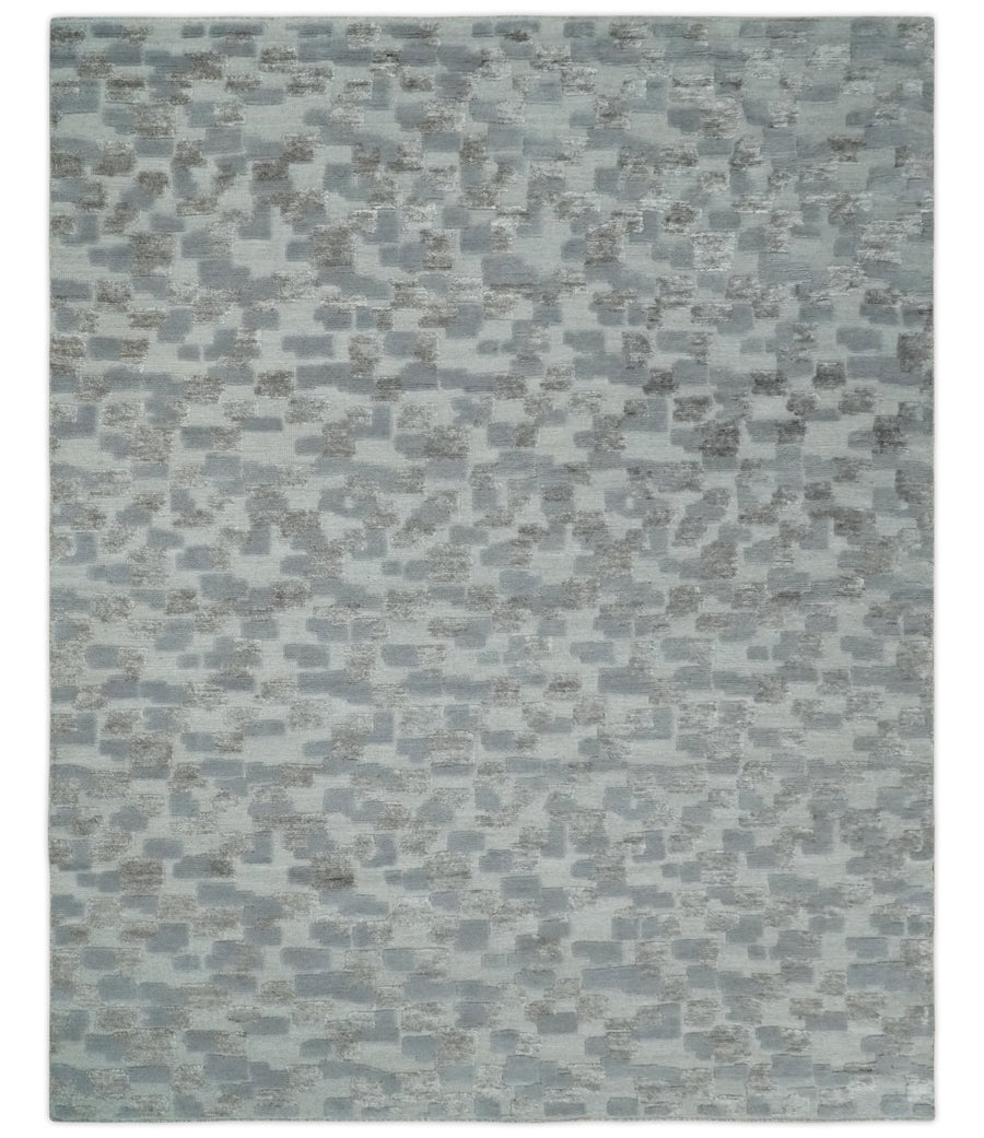 Hand carved Silver, Gray and Brown Traditional Geometrical Pattern Hand Knotted 8x10 and 9x12 Wool and Silk Area Rug - The Rug Decor