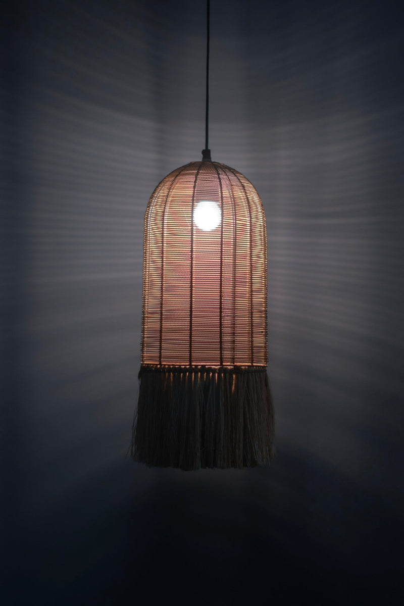 Hand Crafted Metal Wired Pendant Lamp with Natural Fiber Shade and Golden Finish - The Rug Decor