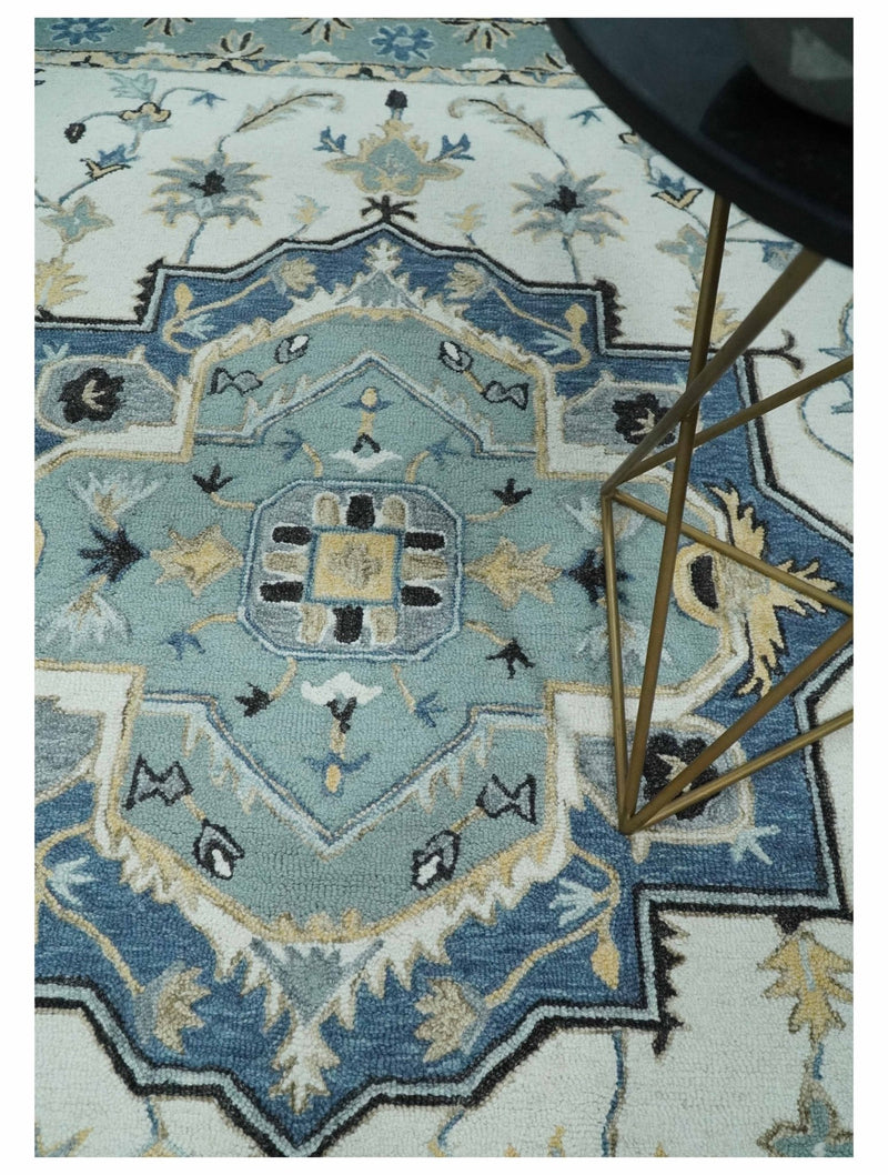 Hand Hooked Aqua, Teal and Ivory Traditional Medallion Style Wool Area Rug - The Rug Decor