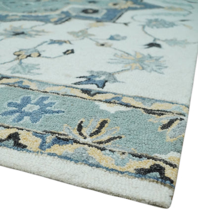 Hand Hooked Aqua, Teal and Ivory Traditional Medallion Style Wool Area Rug - The Rug Decor