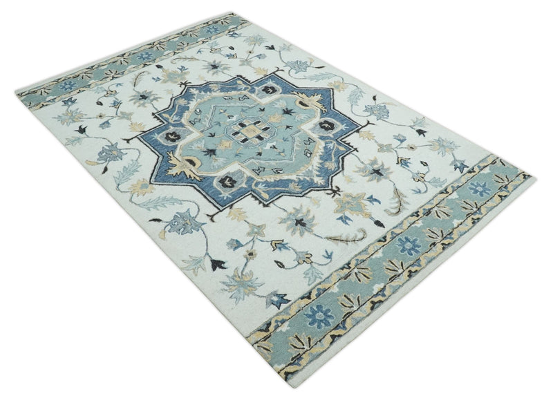 Hand Hooked Aqua, Teal and Ivory Traditional Medallion Style Wool Area Rug - The Rug Decor