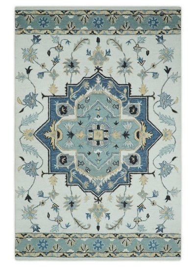 Hand Hooked Aqua, Teal and Ivory Traditional Medallion Style Wool Area Rug - The Rug Decor