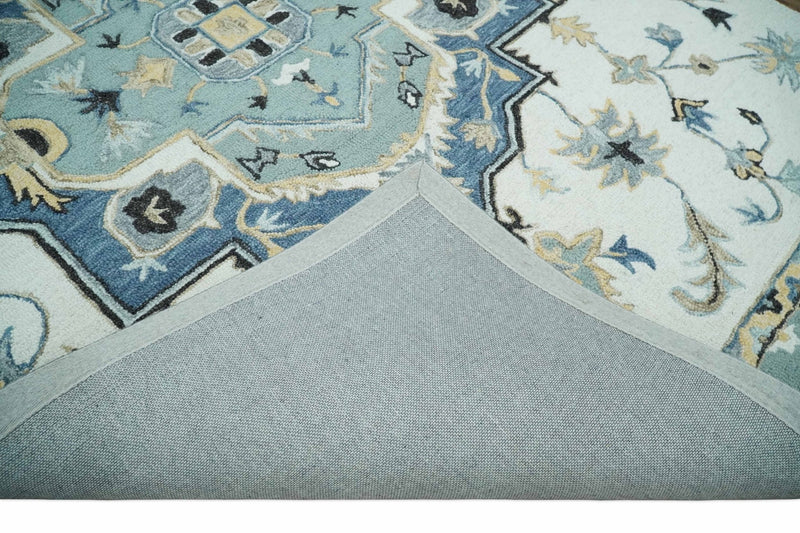 Hand Hooked Aqua, Teal and Ivory Traditional Medallion Style Wool Area Rug - The Rug Decor