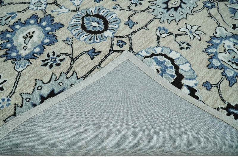 Hand Hooked Beige, Teal and Black Traditional Floral Antique Style Rug - The Rug Decor