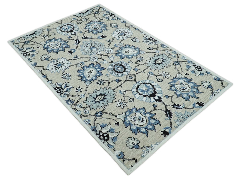 Hand Hooked Beige, Teal and Black Traditional Floral Antique Style Rug - The Rug Decor