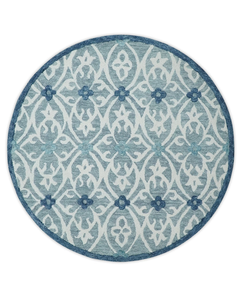 Hand Hooked Blue and Aqua Contemporary Round Wool Area Rug - The Rug Decor