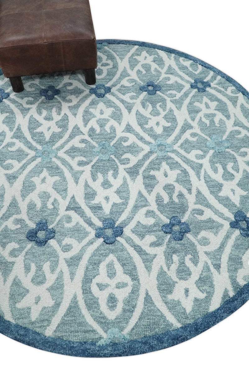 Hand Hooked Blue and Aqua Round Traditional Ikat Pattern Wool Area Rug –  The Rug Decor
