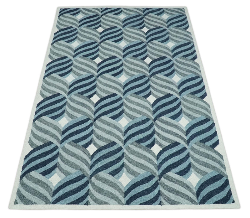 Hand Hooked Blue and Gray Stripes Modern Style Wool Area Rug - The Rug Decor