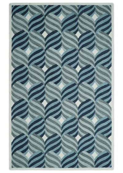 Hand Hooked Blue and Gray Stripes Modern Style Wool Area Rug - The Rug Decor