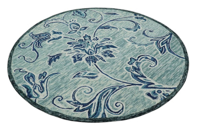 Hand Hooked Floral Aqua and Blue Round Wool Area Rug - The Rug Decor