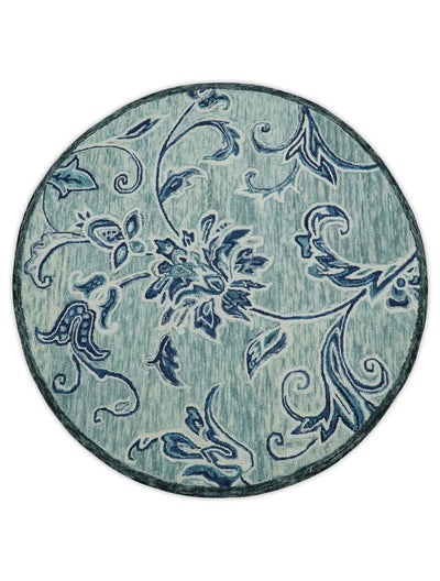 Hand Hooked Floral Aqua and Blue Round Wool Area Rug - The Rug Decor