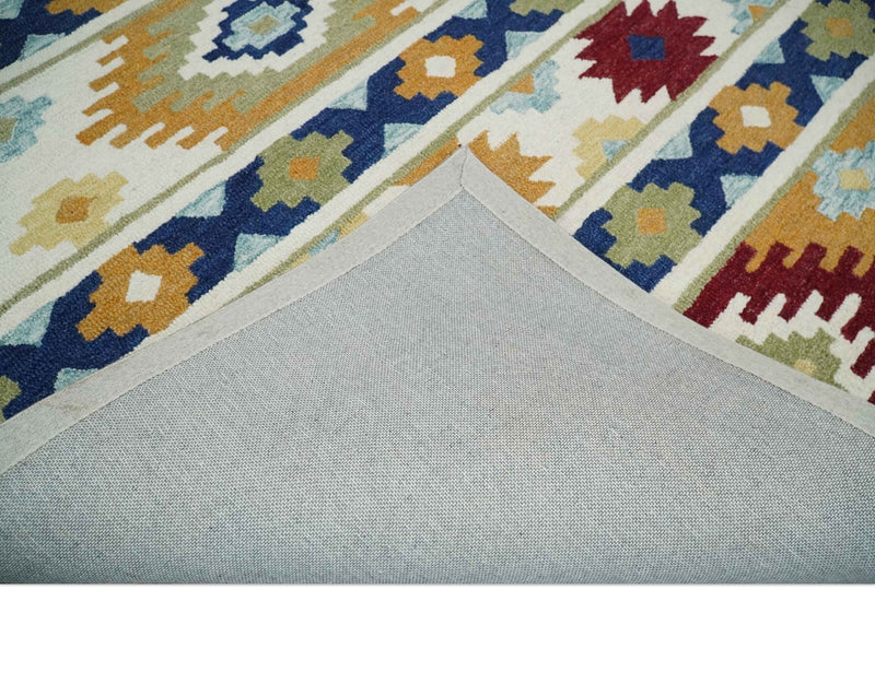 Hand Hooked Ivory, Gold and Blue Tribal Ikat Wool Area Rug - The Rug Decor
