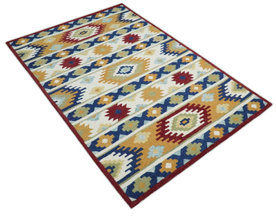 Hand Hooked Ivory, Gold and Blue Tribal Ikat Wool Area Rug - The Rug Decor