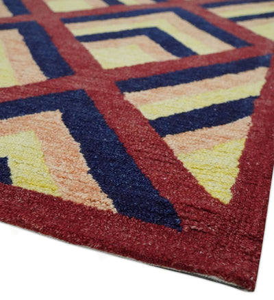 Hand Hooked Maroon, Yellow, Peach and Blue Geometrical Pattern Traditional wool Rug - The Rug Decor
