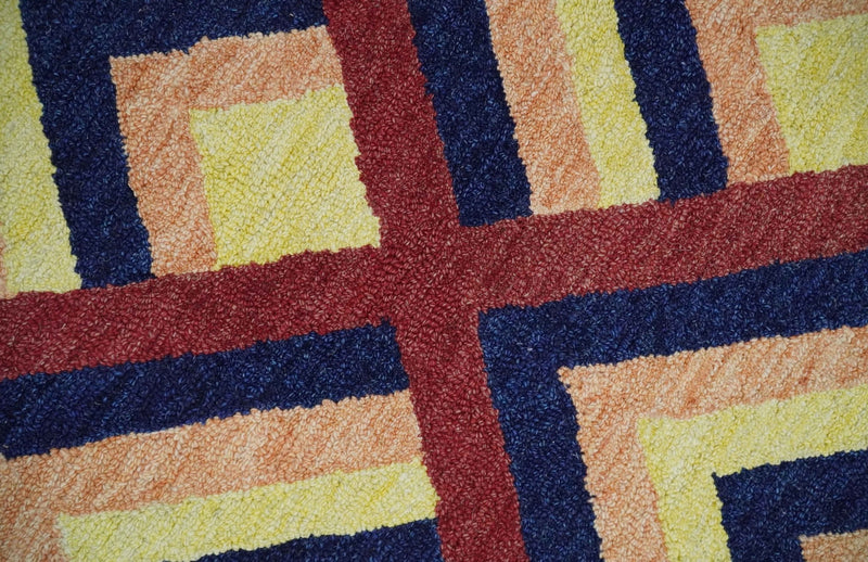 Hand Hooked Maroon, Yellow, Peach and Blue Geometrical Pattern Traditional wool Rug - The Rug Decor