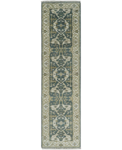 Hand Knotted 10 feet Oushak Runner Green and Ivory Wool Area Rug | TRDCP632610 - The Rug Decor