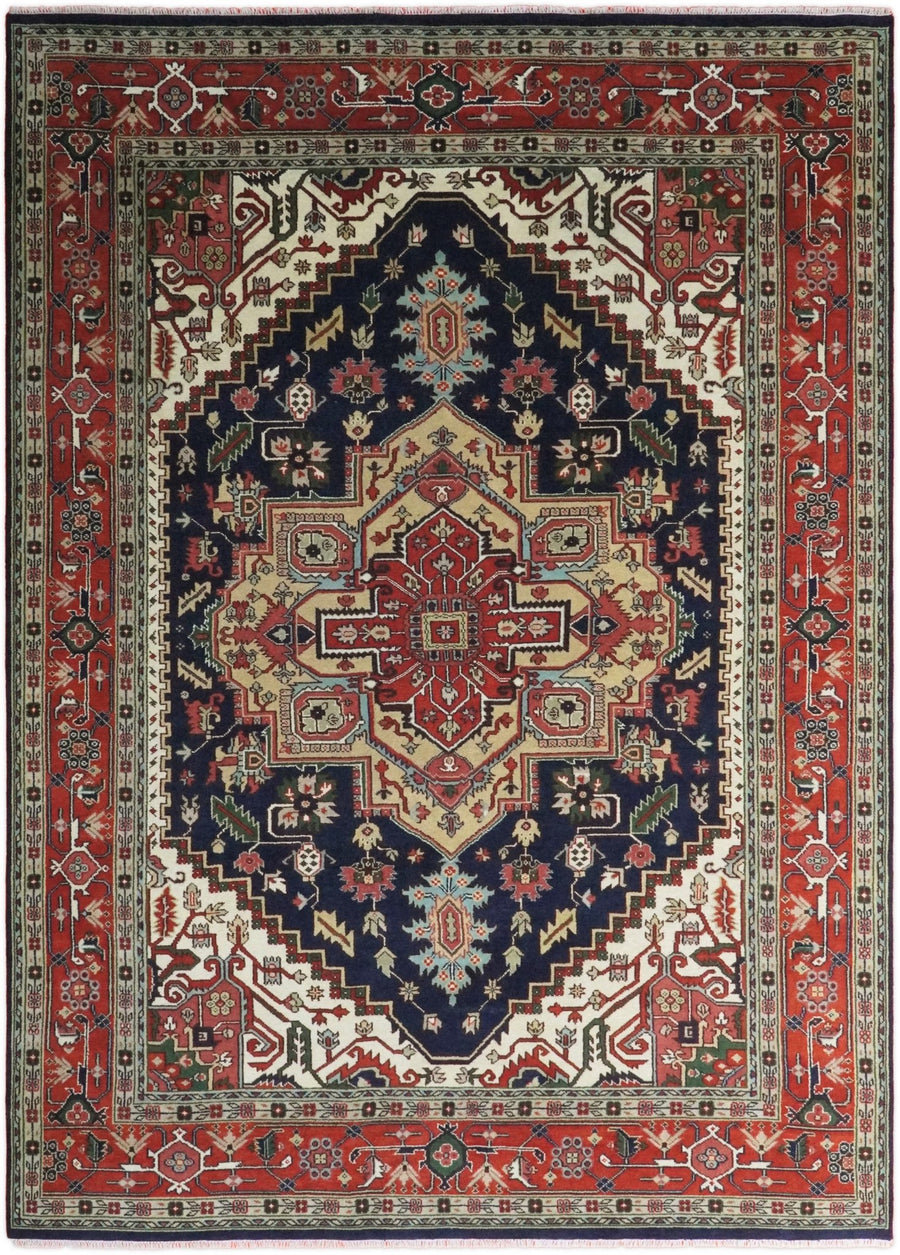 Hand Knotted 10x14 Large Blue and Rust Traditional Heriz Serapi Rug | TRDCP751014 - The Rug Decor