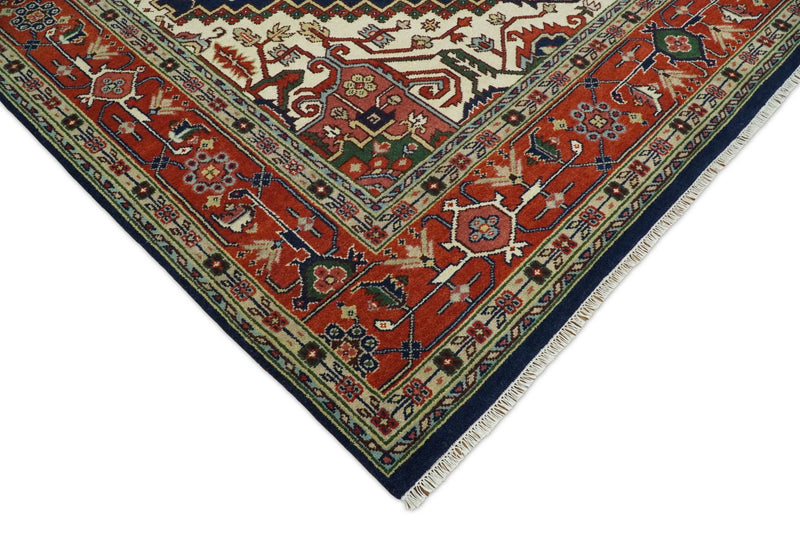 Hand Knotted 10x14 Large Blue and Rust Traditional Heriz Serapi Rug | TRDCP751014 - The Rug Decor