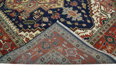 Hand Knotted 10x14 Large Blue and Rust Traditional Heriz Serapi Rug | TRDCP751014 - The Rug Decor