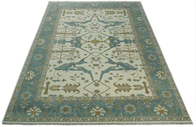 Hand Knotted 10x14 Large Persian Oushak Ivory and Blue Wool Area Rug | TRDCP711014 - The Rug Decor