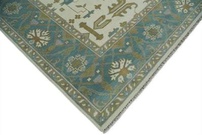 Hand Knotted 10x14 Large Persian Oushak Ivory and Blue Wool Area Rug | TRDCP711014 - The Rug Decor