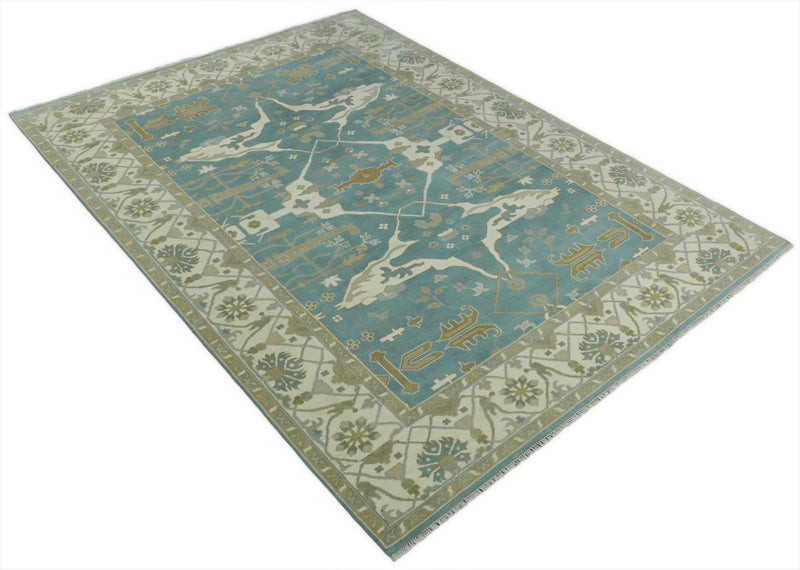 Hand Knotted 10x14 Oushak Blue and Ivory Wool Large Area Rug | TRDCP721014 - The Rug Decor