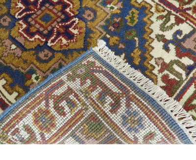 Hand Knotted 2.6x10 Blue, Ivory and Mustard Traditional Wool Area Rug - The Rug Decor