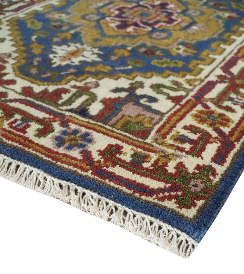 Hand Knotted 2.6x10 Blue, Ivory and Mustard Traditional Wool Area Rug - The Rug Decor