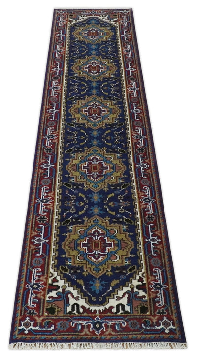 Hand Knotted 2.6x12 Blue, Mustard and Brown Traditional Wool Area Rug - The Rug Decor