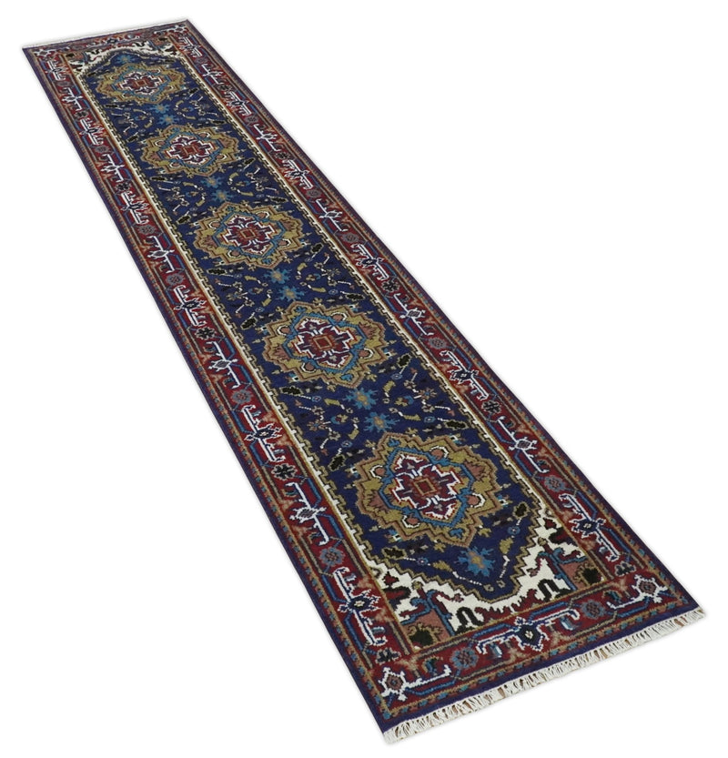 Hand Knotted 2.6x12 Blue, Mustard and Brown Traditional Wool Area Rug - The Rug Decor