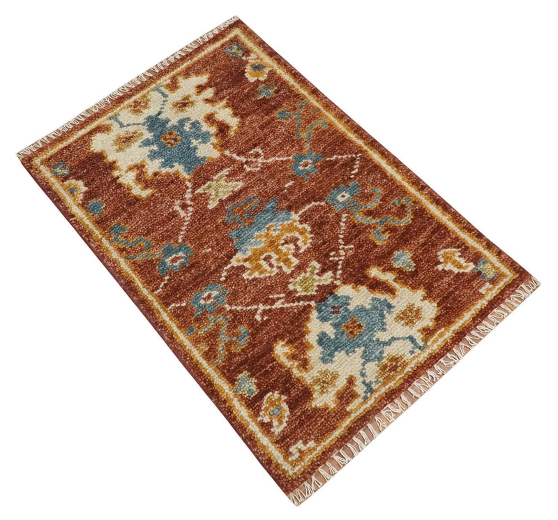 Hand Knotted 2x3 Rust, Blue and Ivory Traditional Antique Persian Design Wool Rug | TRDCP79923 - The Rug Decor