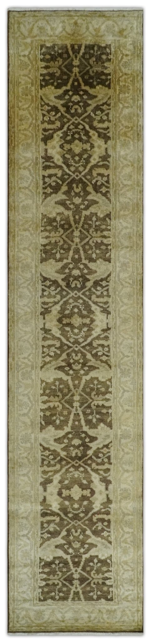 Hand Knotted 3x12 Oriental Oushak Beige and Brown Wool Area Rug - The Rug Decor