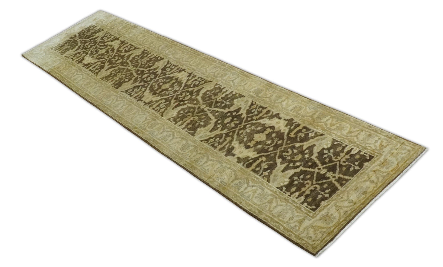 Hand Knotted 3x12 Oriental Oushak Beige and Brown Wool Area Rug - The Rug Decor