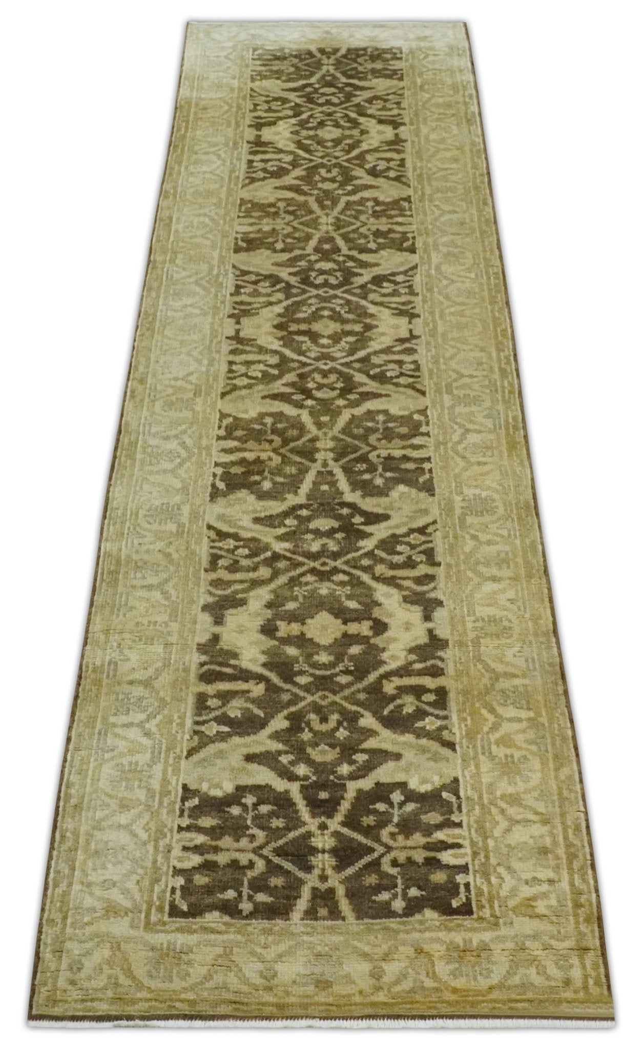 Hand Knotted 3x12 Oriental Oushak Beige and Brown Wool Area Rug - The Rug Decor