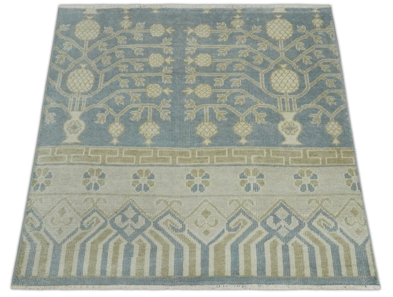 Hand Knotted 3x3 Gray, Ivory and Beige Traditional Low Pile Wool Rug, Bedside Rug | N35033 - The Rug Decor