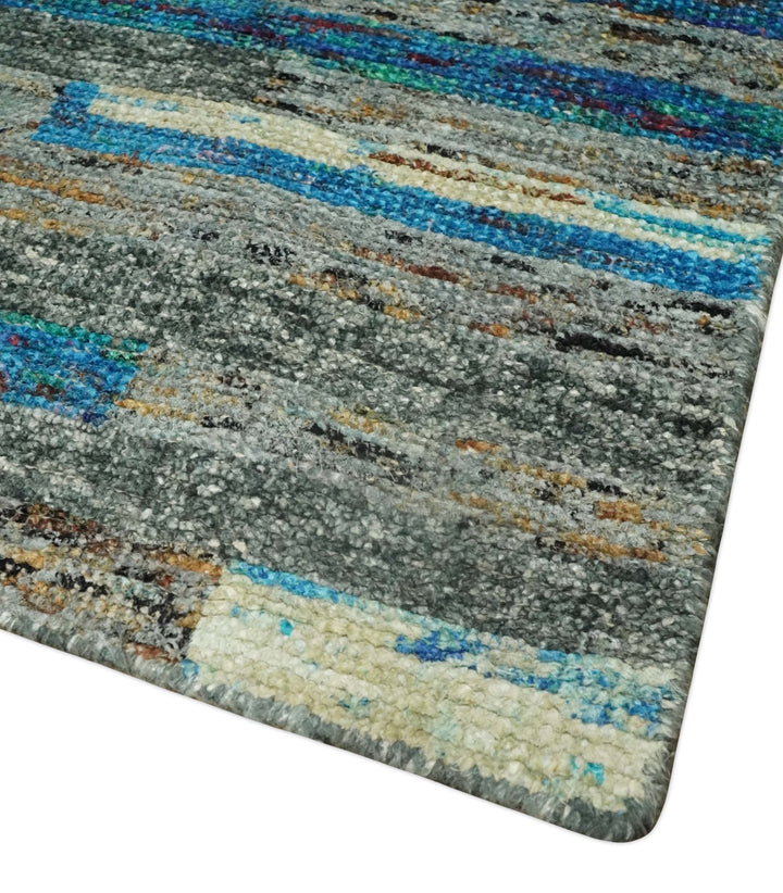 Hand Knotted 4.5x6.5 Gray, Ivory and Blue Modern Abstract Contemporary Recycled Silk Area Rug | OP67 - The Rug Decor