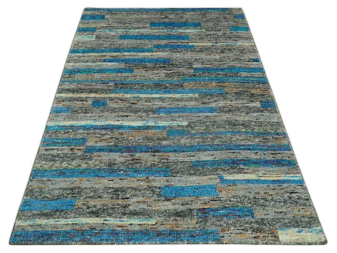 Hand Knotted 4.5x6.5 Gray, Ivory and Blue Modern Abstract Contemporary Recycled Silk Area Rug | OP67 - The Rug Decor