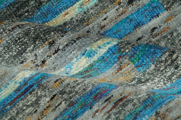 Hand Knotted 4.5x6.5 Gray, Ivory and Blue Modern Abstract Contemporary Recycled Silk Area Rug | OP67 - The Rug Decor