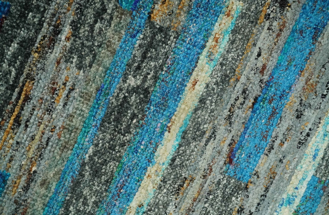 Hand Knotted 4.5x6.5 Gray, Ivory and Blue Modern Abstract Contemporary Recycled Silk Area Rug | OP67 - The Rug Decor