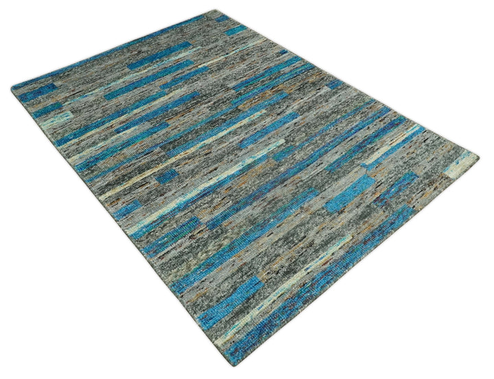 Hand Knotted 4.5x6.5 Gray, Ivory and Blue Modern Abstract Contemporary Recycled Silk Area Rug | OP67 - The Rug Decor