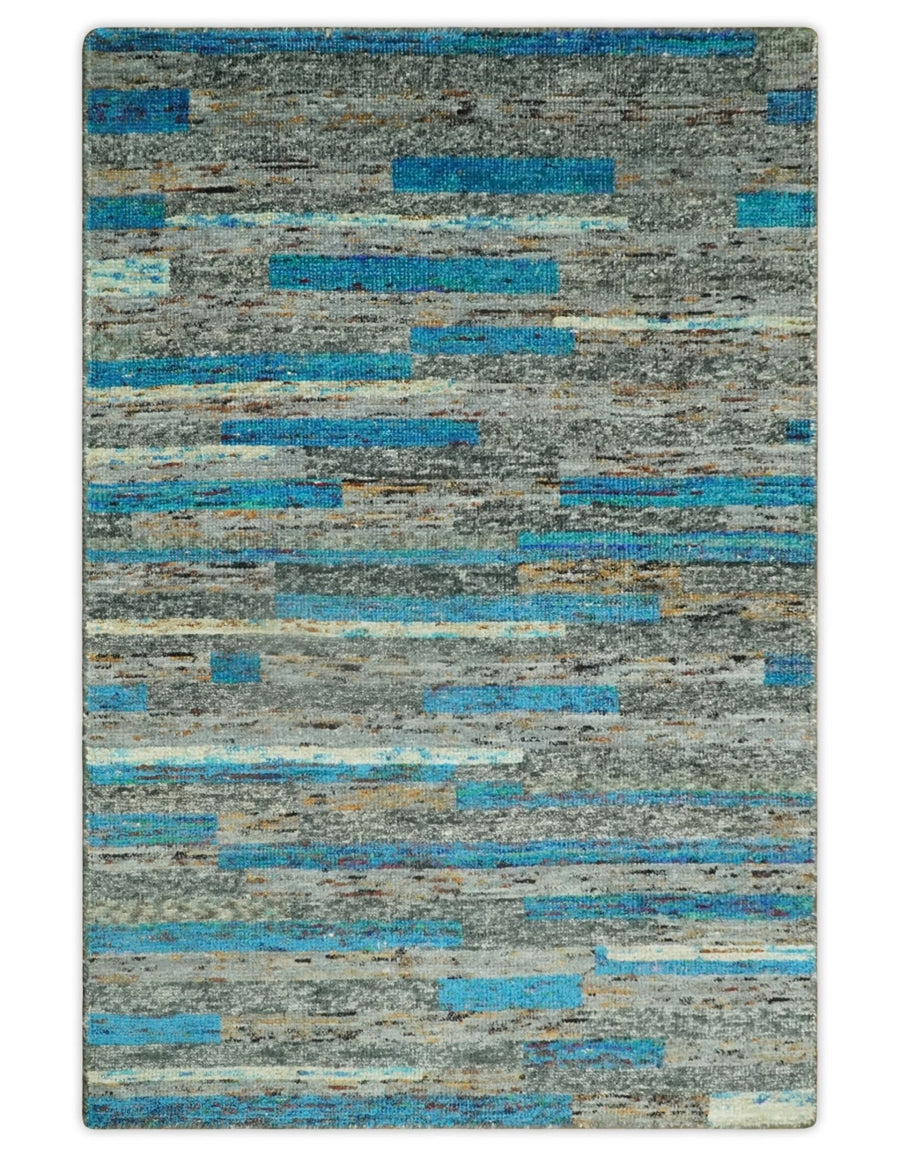 Hand Knotted 4.5x6.5 Gray, Ivory and Blue Modern Abstract Contemporary Recycled Silk Area Rug | OP67 - The Rug Decor