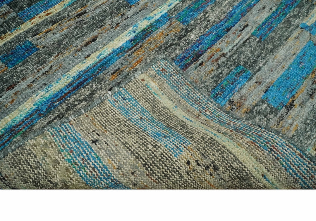 Hand Knotted 4.5x6.5 Gray, Ivory and Blue Modern Abstract Contemporary Recycled Silk Area Rug | OP67 - The Rug Decor