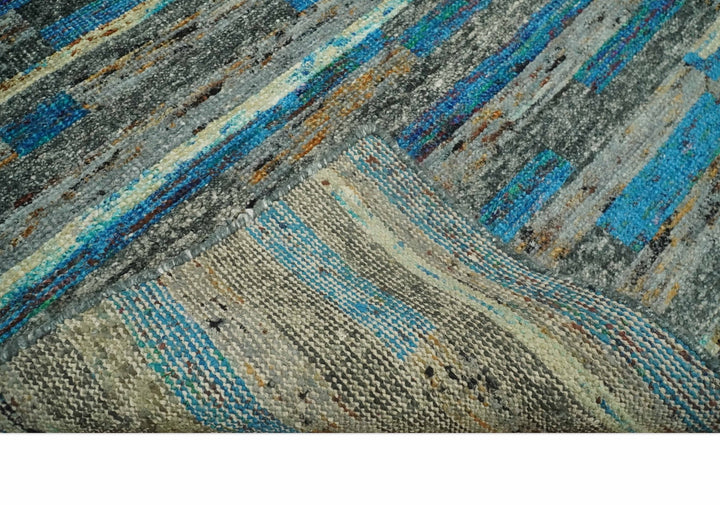 Hand Knotted 4.5x6.5 Gray, Ivory and Blue Modern Abstract Contemporary Recycled Silk Area Rug | OP67 - The Rug Decor