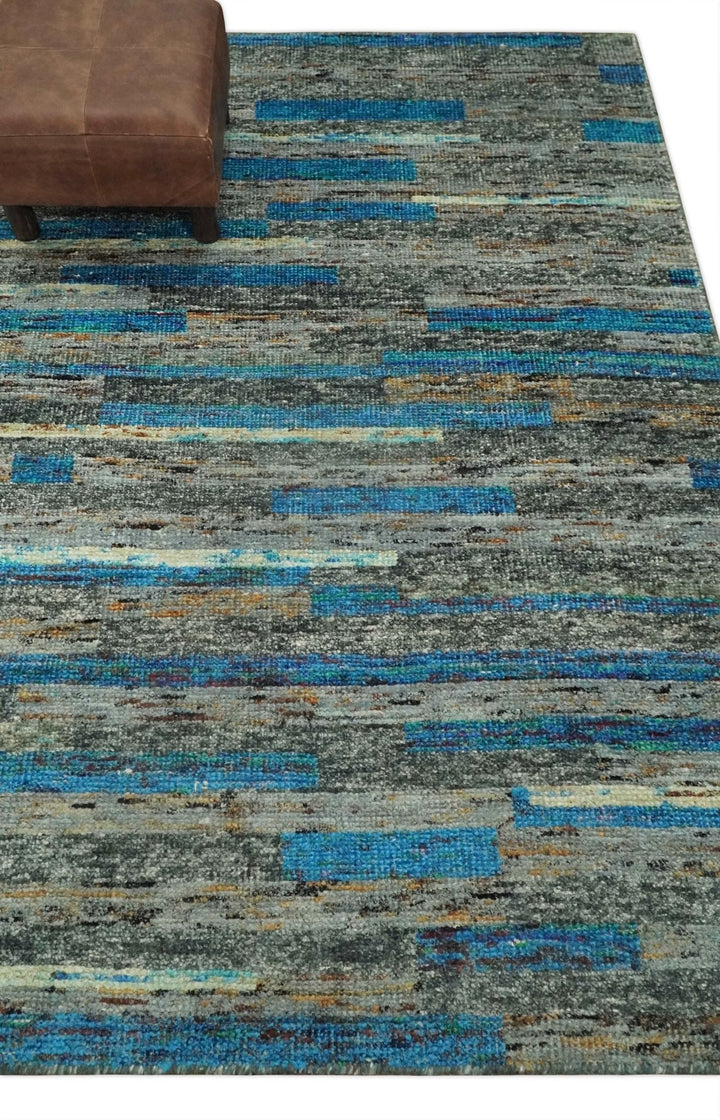 Hand Knotted 4.5x6.5 Gray, Ivory and Blue Modern Abstract Contemporary Recycled Silk Area Rug | OP67 - The Rug Decor
