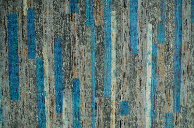 Hand Knotted 4.5x6.5 Gray, Ivory and Blue Modern Abstract Contemporary Recycled Silk Area Rug | OP67 - The Rug Decor