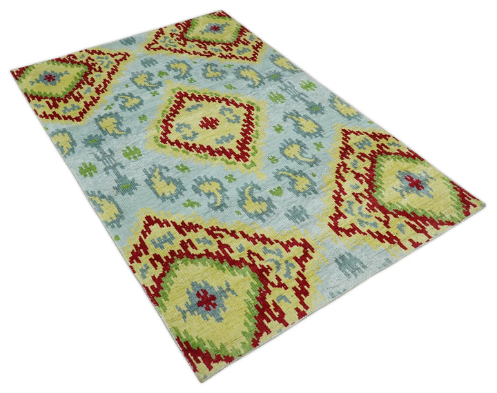 Hand Knotted 4.5x6.5 Silver, Mustard and Red Persian made of Recycled Silk Area Rug | OP129 - The Rug Decor